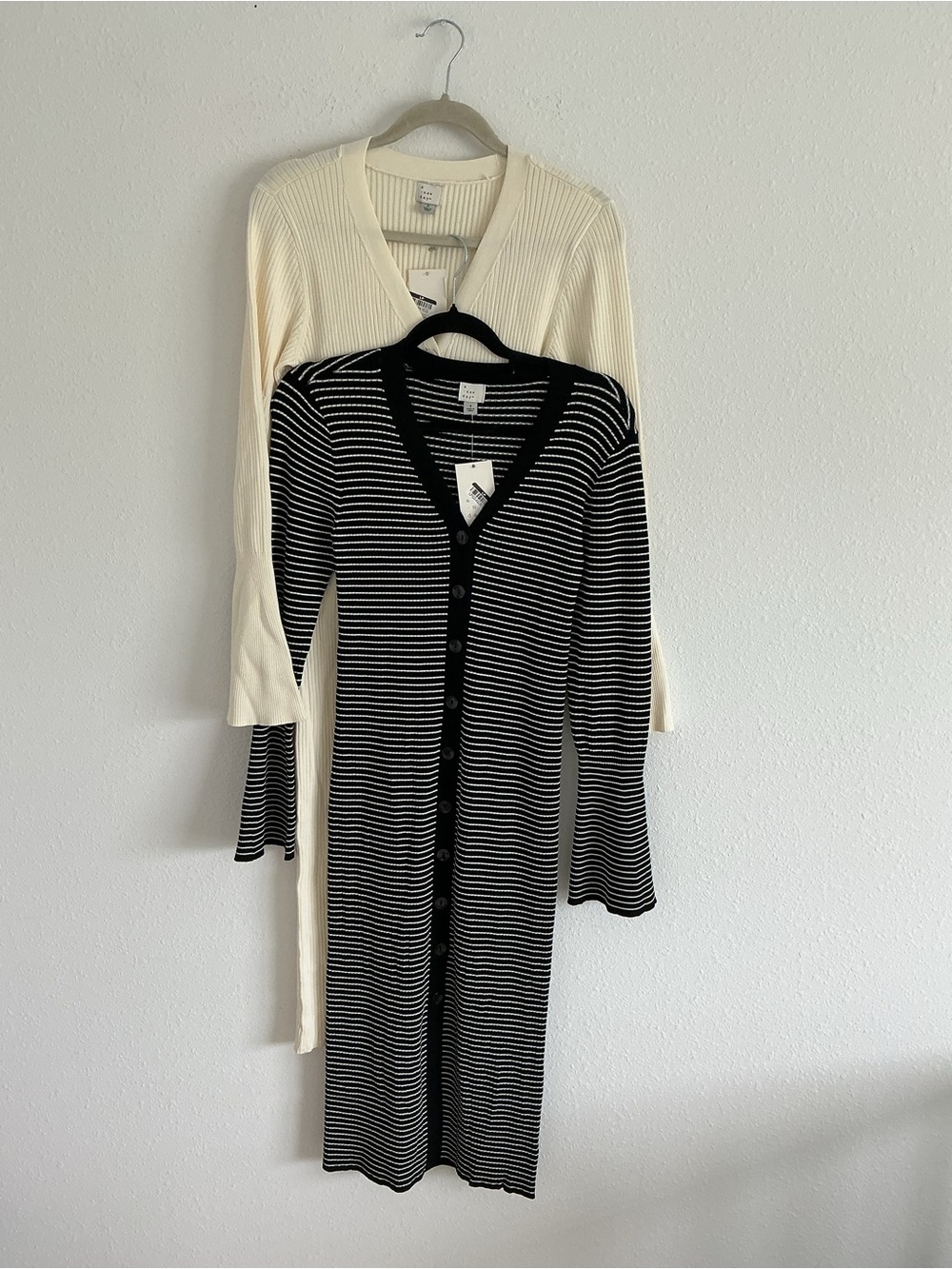 a new day Black & White Striped Button-Front Ribbed Knit Midi Dress